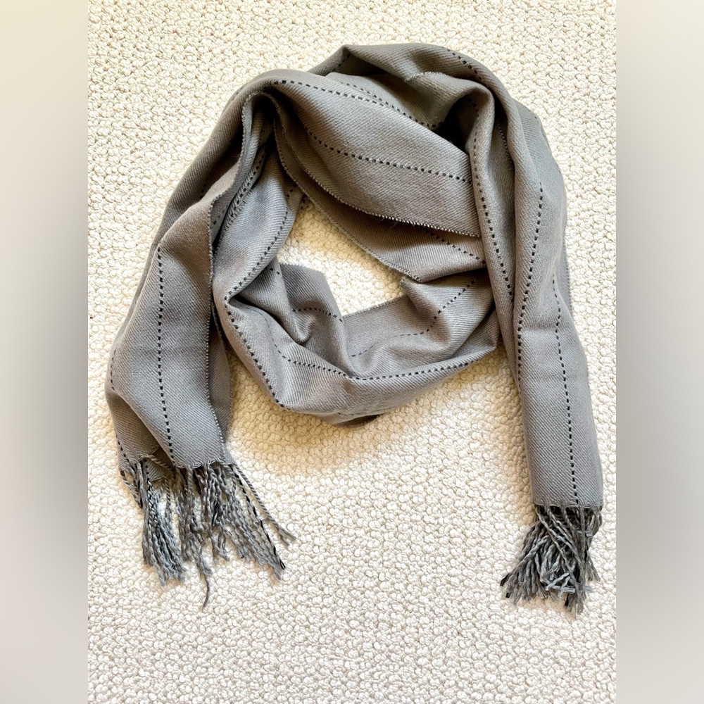 Vintage | Grey Pinstripe Scarf | Wool Blend + Fringed Ends